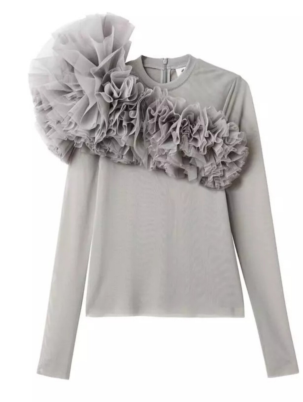 H&M Studio S/S 2022 Tulle Ruffle-Accent Long Sleeve Top in Light Gray